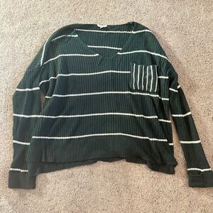 ee:some Women's XL Green Striped V-Neck Pullover Knit Sweater Casual